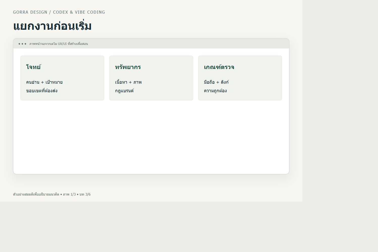 แยกงานก่อนเริ่ม — ตัวอย่าง UX/UI สำหรับ Codex สำหรับนักกราฟิก: เปลี่ยน Brief เป็นหน้าเว็บและตรวจงานอย่างเป็นขั้นตอน