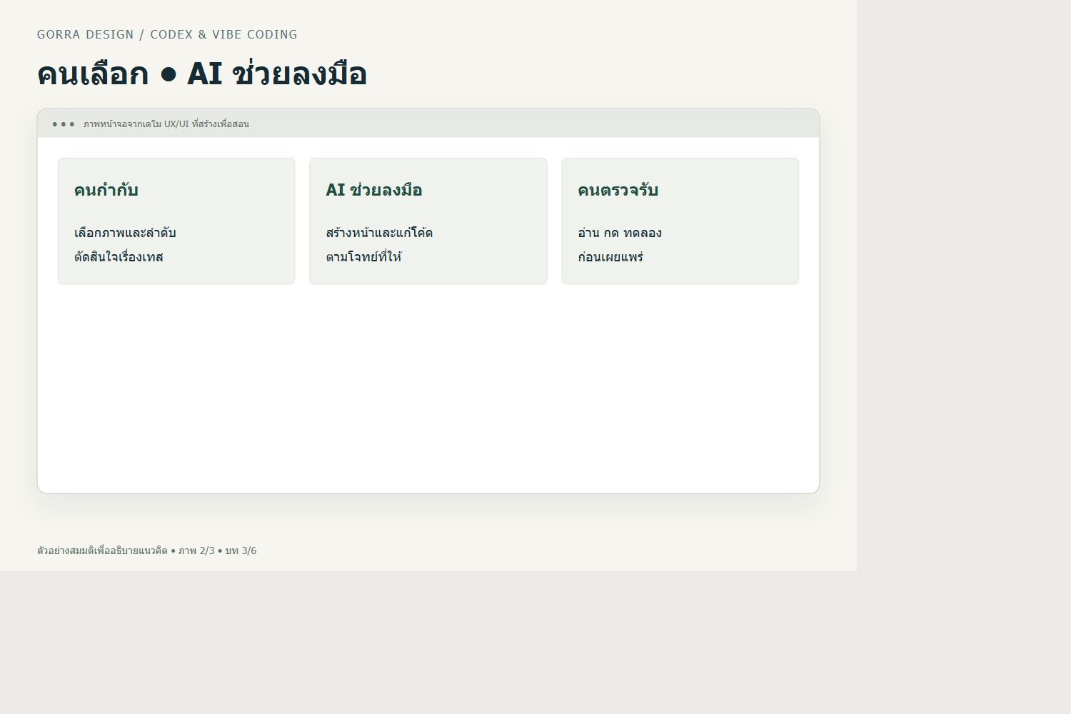คนเลือก • AI ช่วยลงมือ — ตัวอย่าง UX/UI สำหรับ Codex สำหรับนักกราฟิก: เปลี่ยน Brief เป็นหน้าเว็บและตรวจงานอย่างเป็นขั้นตอน