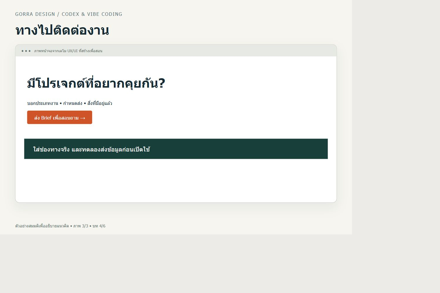 ทางไปติดต่องาน — ตัวอย่าง UX/UI สำหรับ ทำเว็บ Portfolio กราฟิกด้วย AI: เลือกผลงาน เล่าเคส และวางปุ่มติดต่องาน