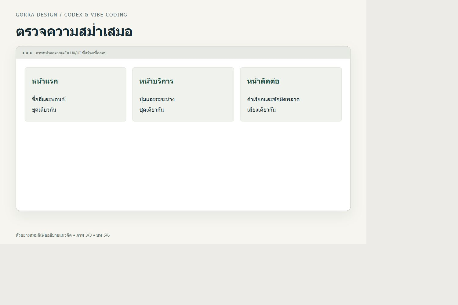 ตรวจความสม่ำเสมอ — ตัวอย่าง UX/UI สำหรับ คุม CI ให้ AI ทำเว็บ: กำหนดสี ฟอนต์ และระยะห่างให้ทั้งเว็บไปทางเดียวกัน