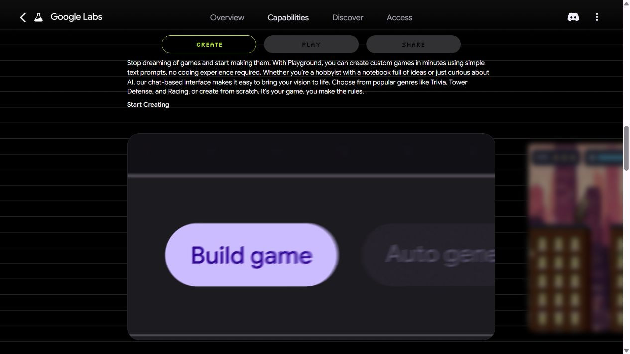หน้าแนะนำการสร้างเกมของ Google Playground