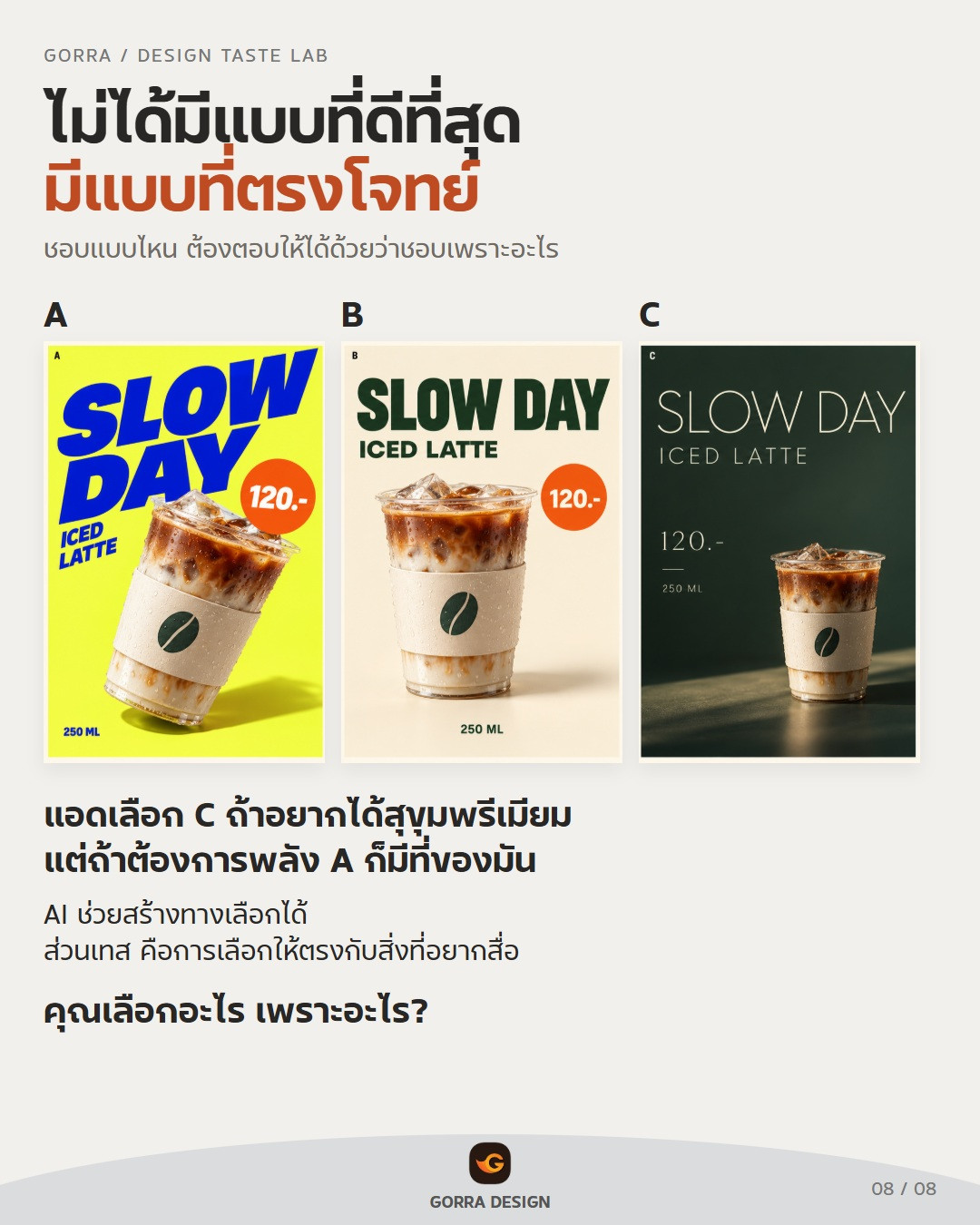 เลือกแบบที่ตรงโจทย์ ไม่ใช่แค่แบบที่ชอบ — ตัวอย่างงานออกแบบกาแฟด้วย AI โดย Gorra Design